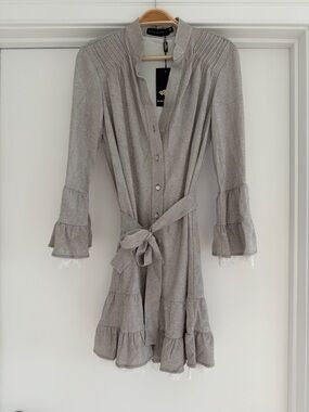 Diamond Supply Co. Silver Metallic Tiered Midi Dress with Tie Waist